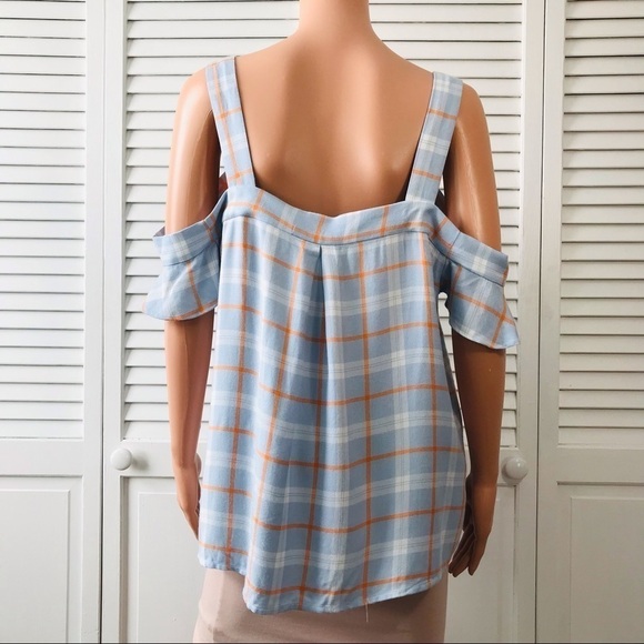 SANCTUARY Blue Orange Plaid Off The Shoulder Shirt Size Large - Picture 7 of 7